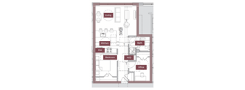 A floor plan of an apartment with a living room, kitchen, bedroom, bathroom, and office.