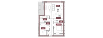 A floor plan of a 4 bedroom apartment with a living room, kitchen, dining room, and office.