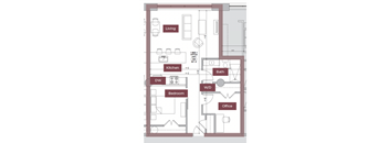 A floor plan of an apartment with a living room, kitchen, bath, bedroom, and office.