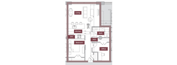 A floor plan of a two-bedroom apartment with a living room, kitchen, bath, dining room, and office.