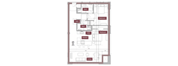 A floor plan of a two-bedroom apartment with a living room, kitchen, and bathrooms.