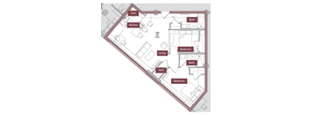 A floor plan of a house with a living room, two bedrooms, a kitchen, a bathroom, and a dining area.