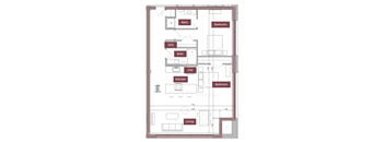 A floor plan of a living space with a kitchen, dining area, and three bedrooms.