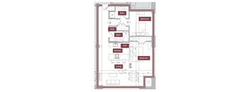 A floor plan of a living space with a kitchen, two bathrooms, and three bedrooms.
