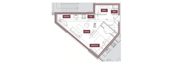 A floor plan of a house with a living room, bedroom, kitchen, bathroom, and W/D.