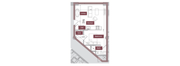 A floor plan of a home with a living room, kitchen, dining area, laundry, bedroom, and bathroom.