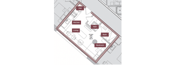 A floor plan of a studio apartment with a kitchen, living room, bathroom, bedroom, and a studio unit.