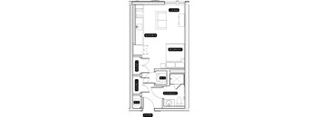 A floor plan of a small apartment with a living room, kitchen, bedroom, bathroom, and entry.