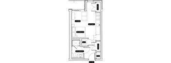 A floor plan of a home with a living room, kitchen, bedroom, bathroom and entry.