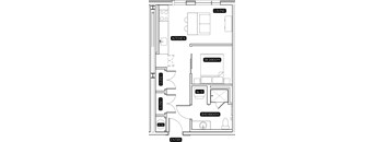 A floor plan of a house with labeled rooms such as living room, kitchen, bedroom, bathroom, and entry.