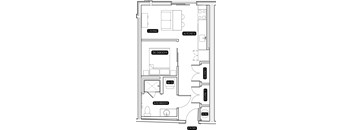 A floor plan of a small apartment with a living room, kitchen, bedroom, bathroom, and closet.