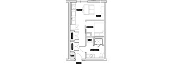 A floor plan of a small apartment with a kitchen, living room, bedroom, bathroom, and entry.