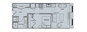 A floor plan of a small apartment with a living area, bedroom, kitchen, and bathroom.