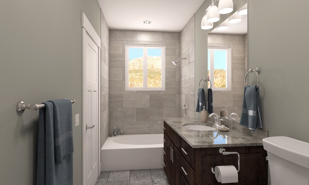 Modern Bathroom With Shower and Bath at Moenave Townhomes in Springdale, Utah