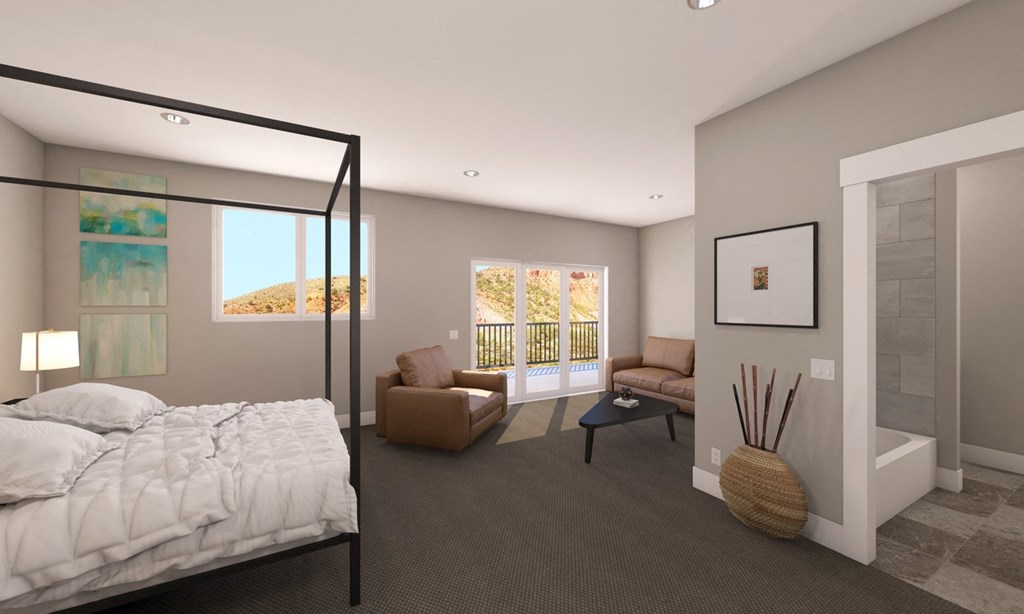 Spacious Bedroom With Carpeted Flooring, Large Windows, Glass Slide Door with Furnishing at Moenave Townhomes in Springdale, Utah