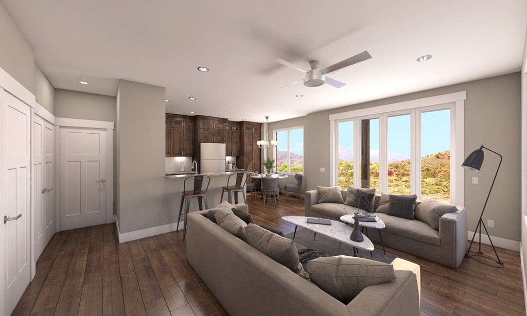 Living Room Near Kitchen, Dining Space, With Plenty of Natural Light at Moenave Townhomes in Springdale, Utah