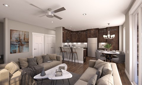 Living Room With Fan and Hardwood Flooring and Furniture at Moenave Townhomes in Springdale, Utah