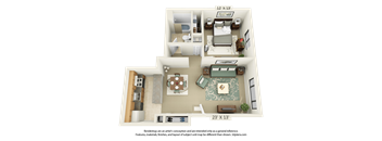 A 3D floor plan of a house with a living room, kitchen, and two bedrooms.