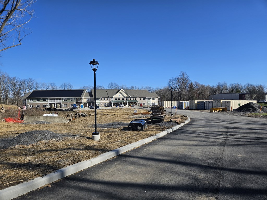 a view of a building from the road with a street light
