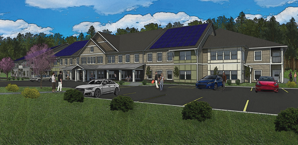 a rendering of a large building with solar panels on the roof