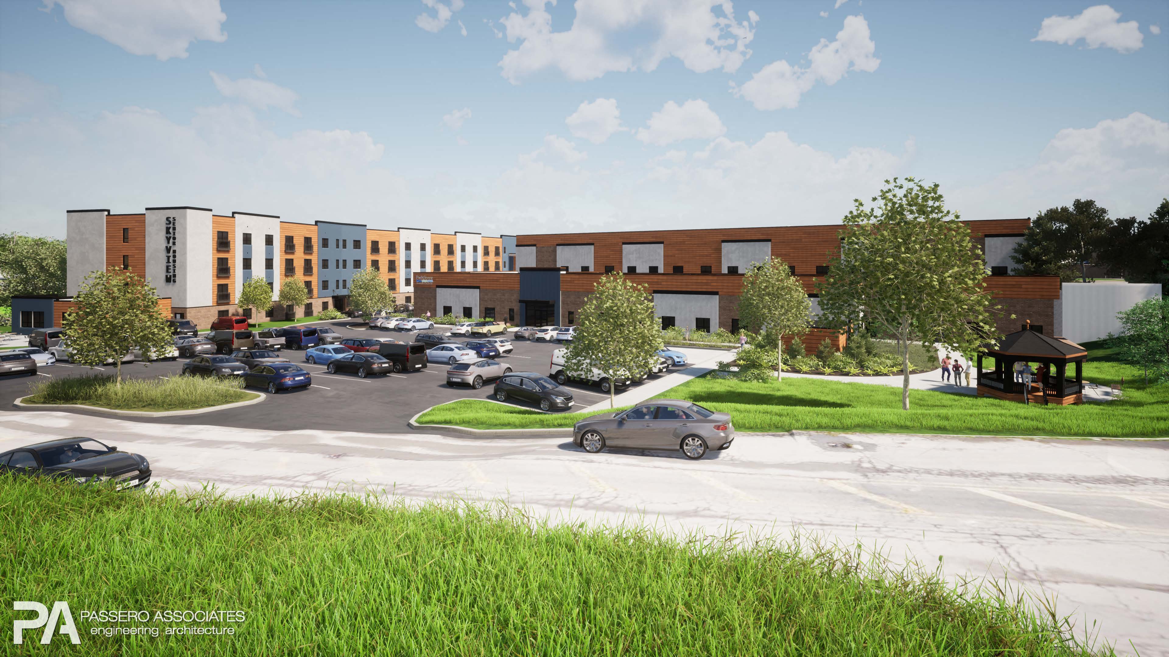 A rendering of a modern building complex with a parking lot in front.
