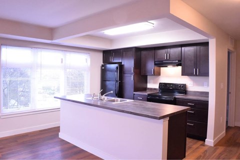A kitchen with a white counter and black appliances.