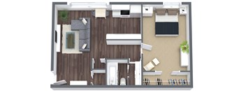 A top-down view of a modern apartment layout with a kitchen, living room, and dining area.