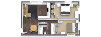 A top-down view of a room with a bed, couch, and dining table.