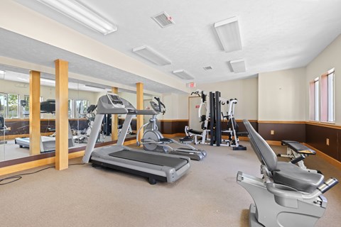 A spacious gym with treadmills, exercise bikes, and other equipment.