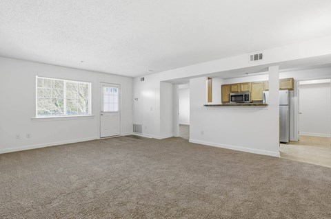 A spacious living room with a carpeted floor and a kitchenette in the background.