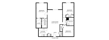 A black and white floor plan of a house with two bedrooms, a living room, a kitchen, a bathroom, an entry, and storage.