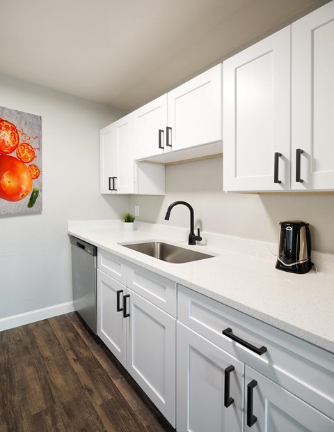 the preserve at ballantyne commons apartment kitchen with sink and white cabinets