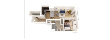A white and wood floor plan of a house with a kitchen, living room, and bedrooms.