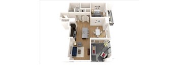 A 3D floor plan of a house showing a kitchen, living room, and two bedrooms.