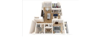 A 3D floor plan of a house with a kitchen, living room, and bedrooms.