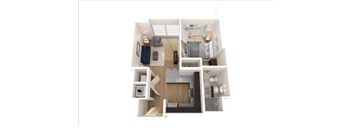 A top-down view of a small, modern apartment with a kitchen, living room, and bedroom.