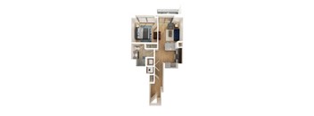 A top down view of a house with a kitchen, living room, and two bedrooms.