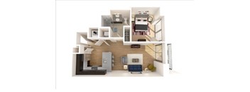 A 3D rendered image of a modern apartment layout.