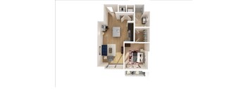 A floor plan of a small apartment with a kitchen, living room, and bathroom.