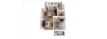 A floor plan of a house with a kitchen, living room, and two bedrooms.