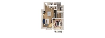 A floor plan of a house with a kitchen, living room, and two bedrooms.
