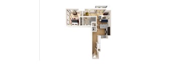 A top down view of a house with a kitchen, living room, and bedrooms.