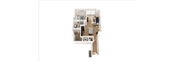A white floor plan of a house with a kitchen, living room, and two bedrooms.