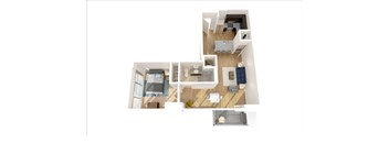 A top-down view of a small apartment with a kitchen, living room, and bathroom.