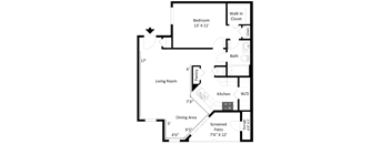 2D floor plan of the Amelia one-bedroom apartment at Providence at Palm Harbor, showing the bedroom, open living and dining space, kitchen, bathroom, and closets.