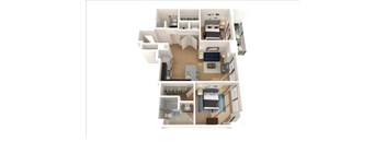 A 3D floor plan of a house showing the layout of the rooms.