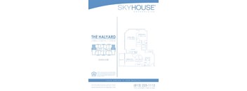 A blue and white image of a house floor plan for a property called The Halyard.