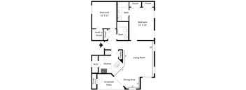 2D floor plan of the Boca Grande two-bedroom, two-bathroom apartment at Providence at Palm Harbor, featuring an open living area, kitchen, two bedrooms, two bathrooms, and closets.