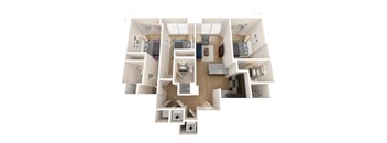 A white dollhouse with a kitchen, living room, and bedrooms.