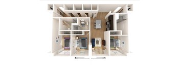A 3D rendered image of a modern apartment layout.
